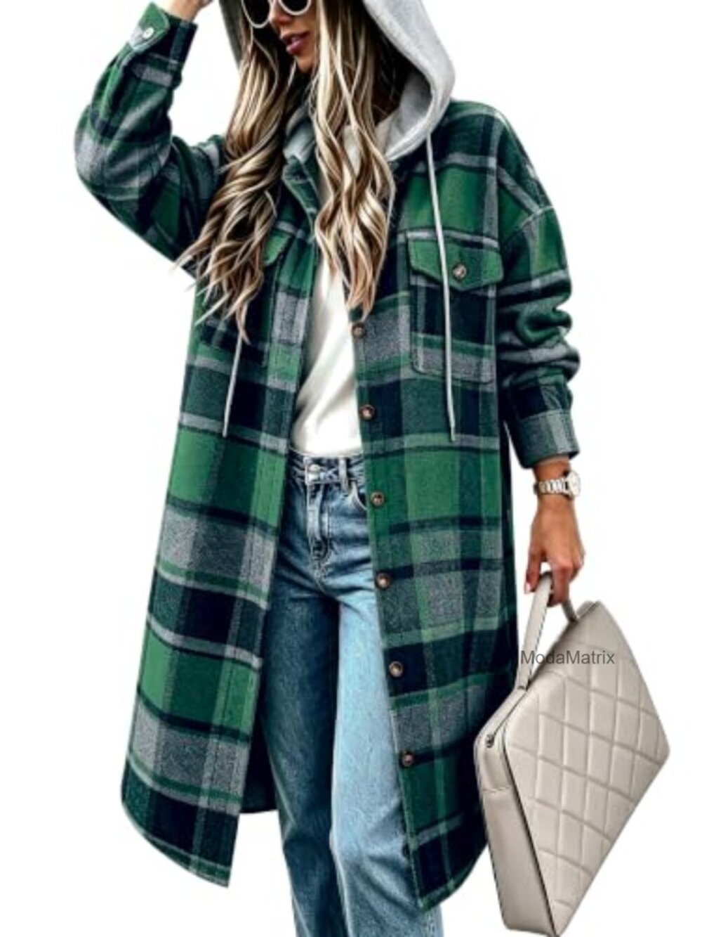 Womens Long Plaid Flannel Hooded Shacket Button Front Oversized
